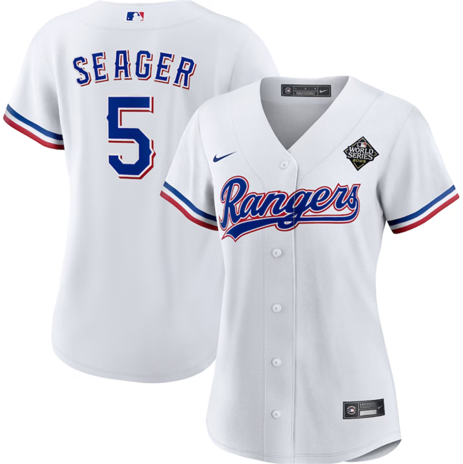 Personalized Women’s Texas Rangers #5 Corey Seager White 2023 World Series Stitched Baseball Jersey(Run Small)