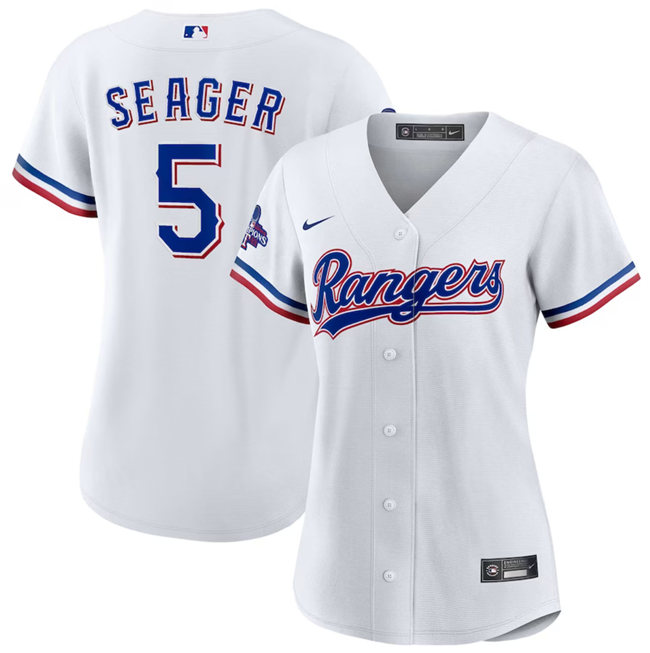 Personalized Women’s Texas Rangers #5 Corey Seager White 2023 World Series Champions Stitched Baseball Jersey(Run Small)