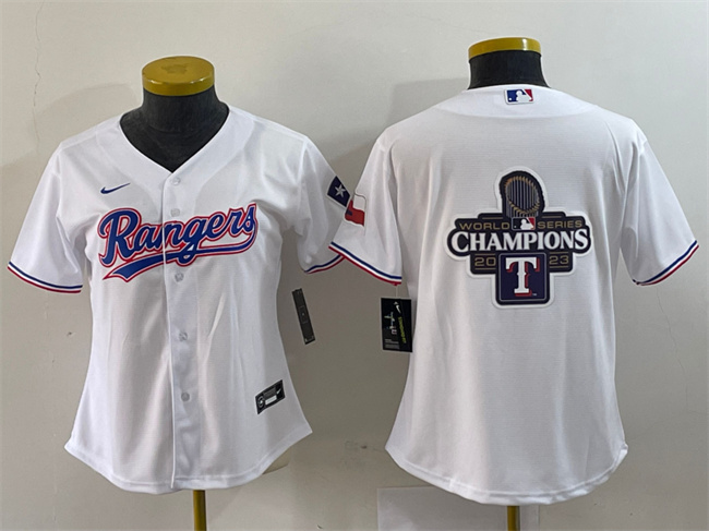 Personalized Women’s Texas Rangers White 2023 World Series Champions Big Logo With Patch Stitched Baseball Jersey(Run Small)s