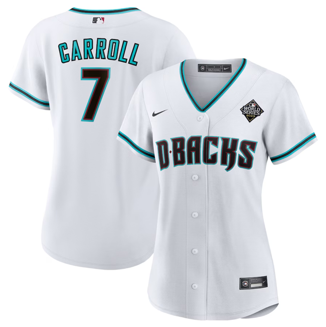 Personalized Women’s Arizona Diamondbacks #7 Corbin Carroll White 2023 World Series Stitched Baseball Jersey(Run Small)