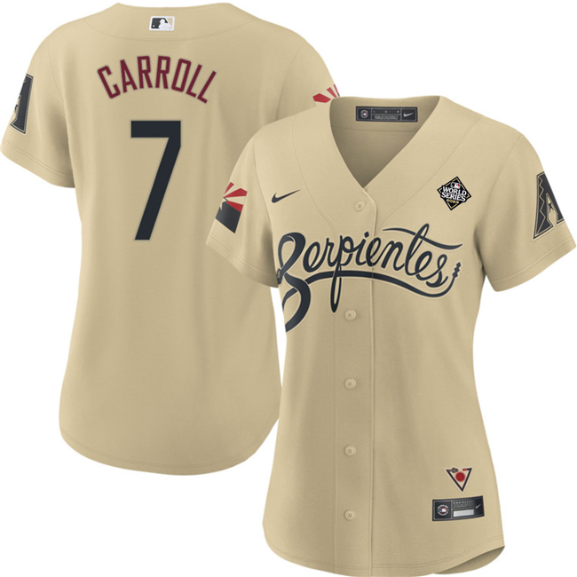 Personalized Women’s Arizona Diamondbacks #7 Corbin Carroll Gold 2023 World Series City Connect Stitched Baseball Jersey(Run Small)