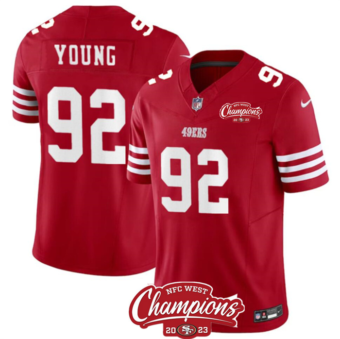 Personalized Men’s San Francisco 49ers #92 Chase Young Red 2023 F.U.S.E. NFC West Champions Patch Stitched Football Jersey