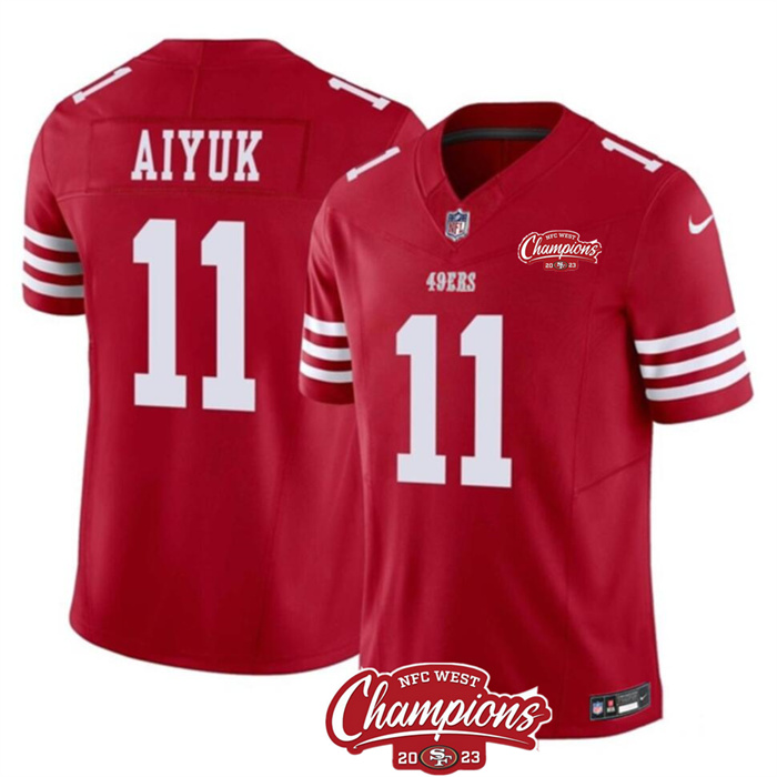 Personalized Men’s San Francisco 49ers #11 Brandon Aiyuk Red 2023 F.U.S.E. NFC West Champions Patch Stitched Football Jersey