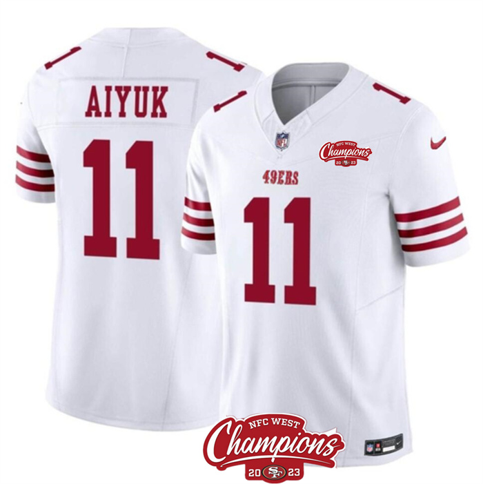Personalized Men’s San Francisco 49ers #11 Brandon Aiyuk White 2023 F.U.S.E. NFC West Champions Patch Stitched Football Jersey