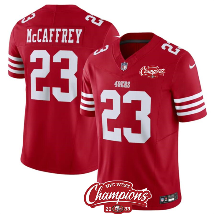 Personalized Men’s San Francisco 49ers #23 Christian McCaffrey Red 2023 F.U.S.E. NFC West Champions Patch Stitched Football Jersey