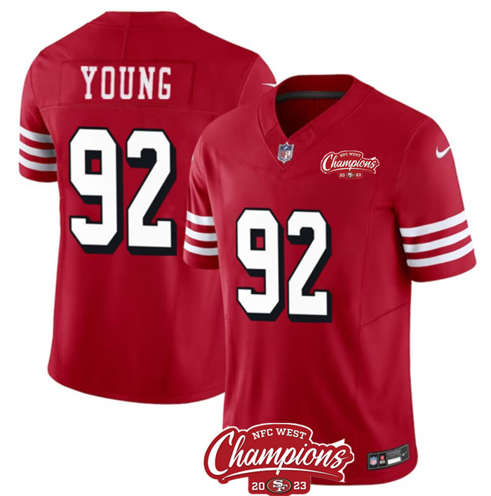 Personalized Men’s San Francisco 49ers #92 Chase Young Red 2023 F.U.S.E. NFC West Champions Patch Alternate Stitched Football Jersey