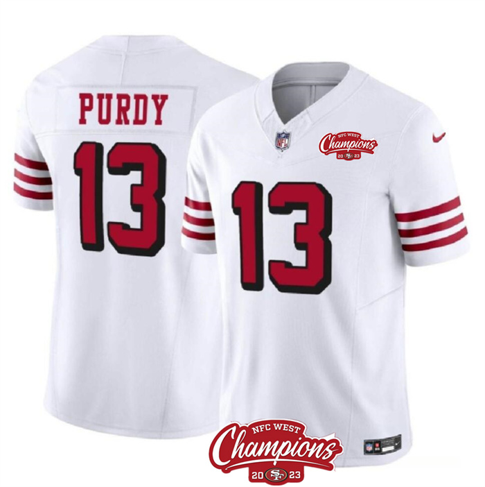 Personalized Men’s San Francisco 49ers #13 Brock Purdy White 2023 F.U.S.E. NFC West Champions Patch Alternate Stitched Football Jersey