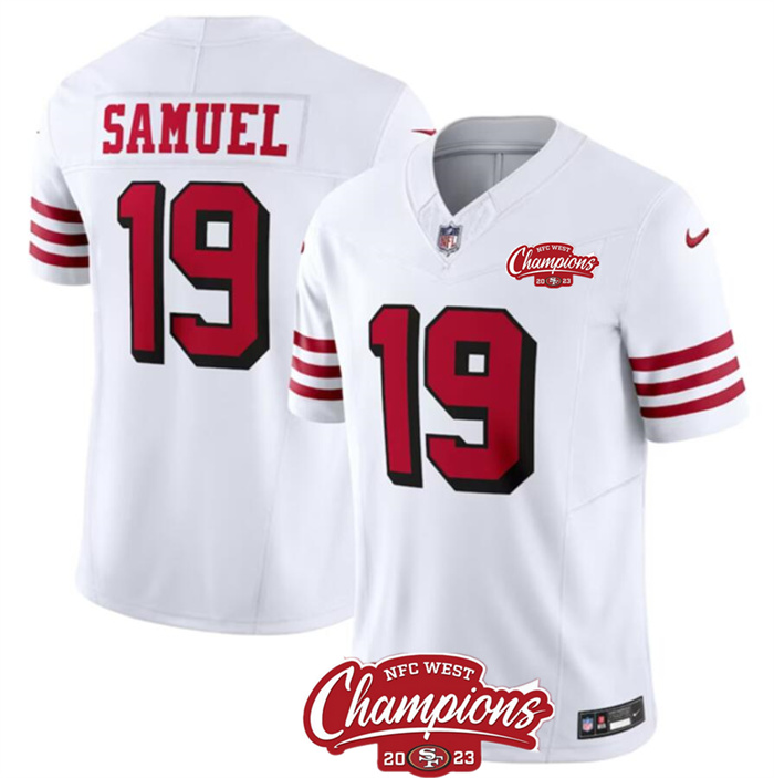 Personalized Men’s San Francisco 49ers #19 Deebo Samuel White 2023 F.U.S.E. NFC West Champions Patch Alternate Stitched Football Jersey
