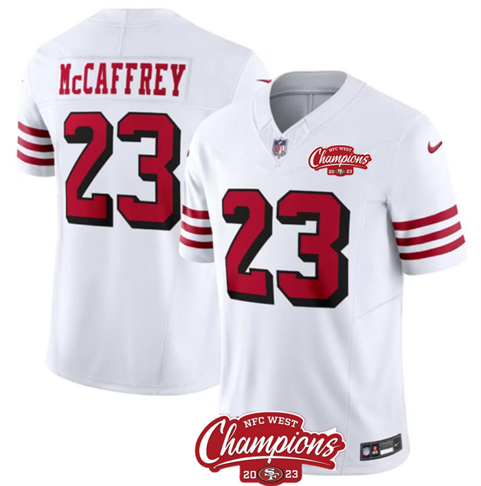 Personalized Men’s San Francisco 49ers #23 Christian McCaffrey White 2023 F.U.S.E. NFC West Champions Patch Alternate Stitched Football Jersey