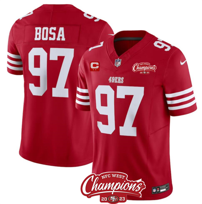Personalized Men’s San Francisco 49ers #97 Nick Bosa Red 2023 F.U.S.E. With 2-Star C Patch And NFC West Champions Patch Stitched Football Jersey