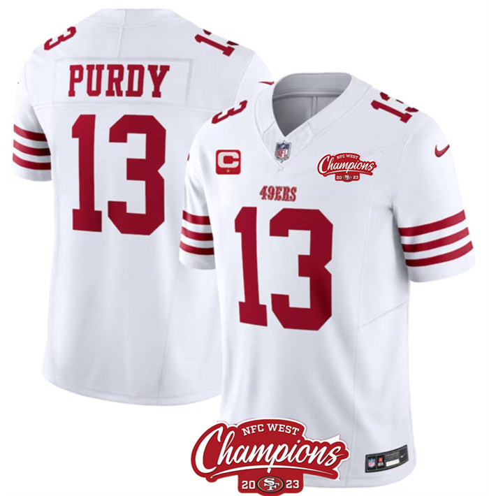 Personalized Men’s San Francisco 49ers #13 Brock Purdy White 2023 F.U.S.E. With 1-Star C Patch And NFC West Champions Patch Stitched Football Jersey