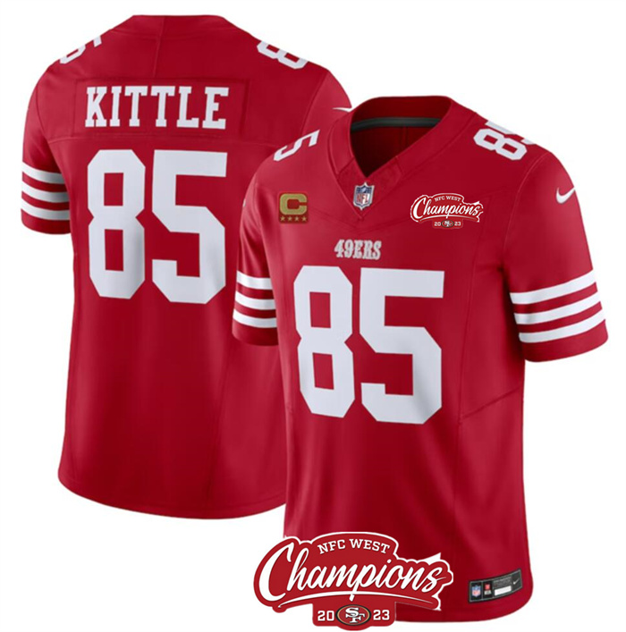 Personalized Men’s San Francisco 49ers #85 George Kittle Red 2023 F.U.S.E. With 4-Star C Ptach And NFC West Champions Patch Stitched Football Jersey