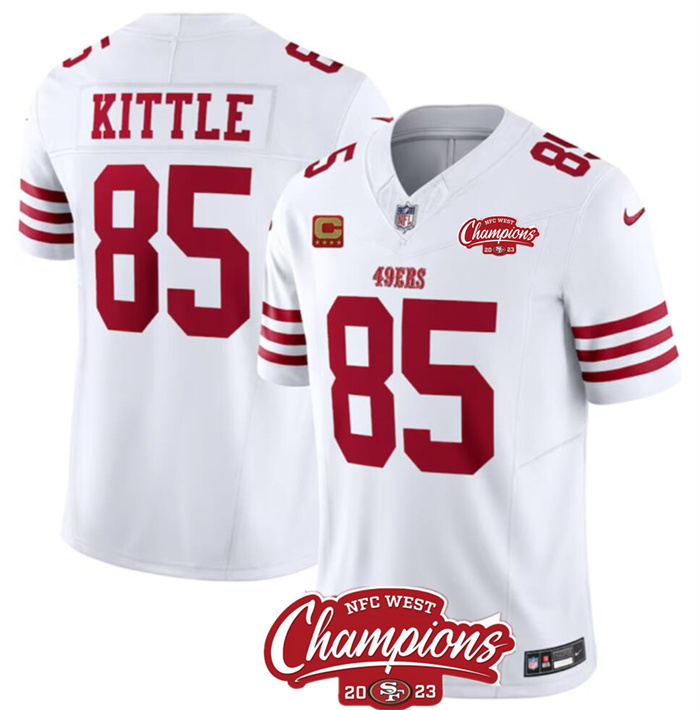 Personalized Men’s San Francisco 49ers #85 George Kittle White 2023 F.U.S.E. With 4-Star C Ptach And NFC West Champions Patch Stitched Football Jersey