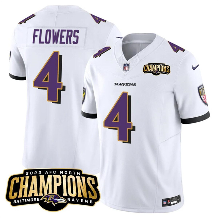 Personalized Men’s Baltimore Ravens #4 Zay Flowers White 2023 F.U.S.E. AFC North Champions Limited Football Jersey