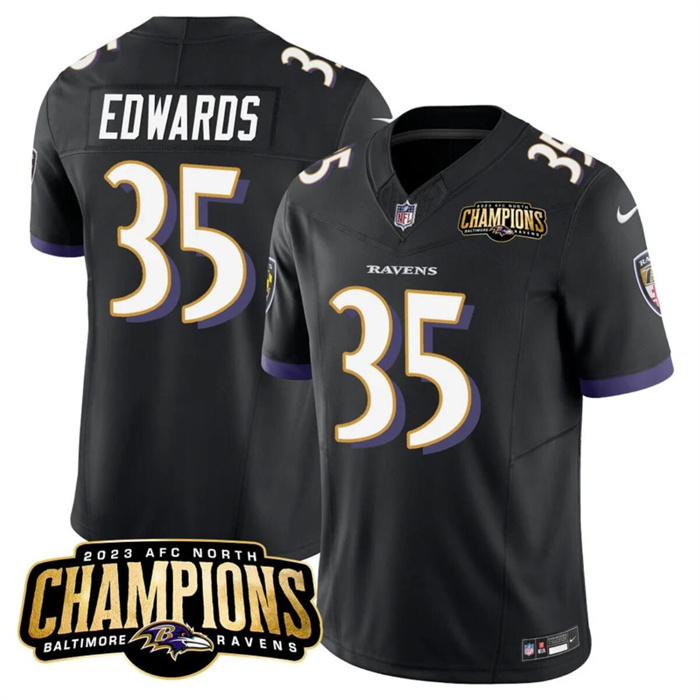 Personalized Men’s Baltimore Ravens #35 Gus Edwards Black 2023 F.U.S.E. AFC North Champions Limited Football Jersey