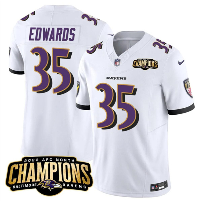 Personalized Men’s Baltimore Ravens #35 Gus Edwards White 2023 F.U.S.E. AFC North Champions Limited Football Jersey