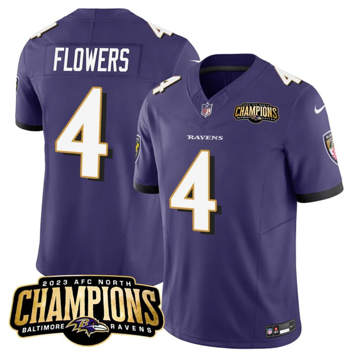 Personalized Men’s Baltimore Ravens #4 Zay Flowers Purple 2023 F.U.S.E. AFC North Champions Limited Football Jersey