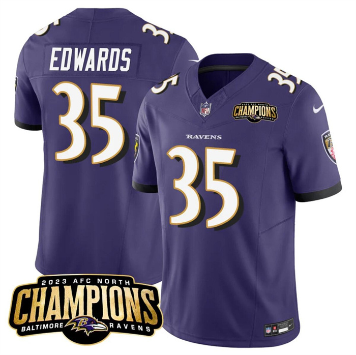 Personalized Men’s Baltimore Ravens #35 Gus Edwards Purple 2023 F.U.S.E. AFC North Champions Limited Football Jersey