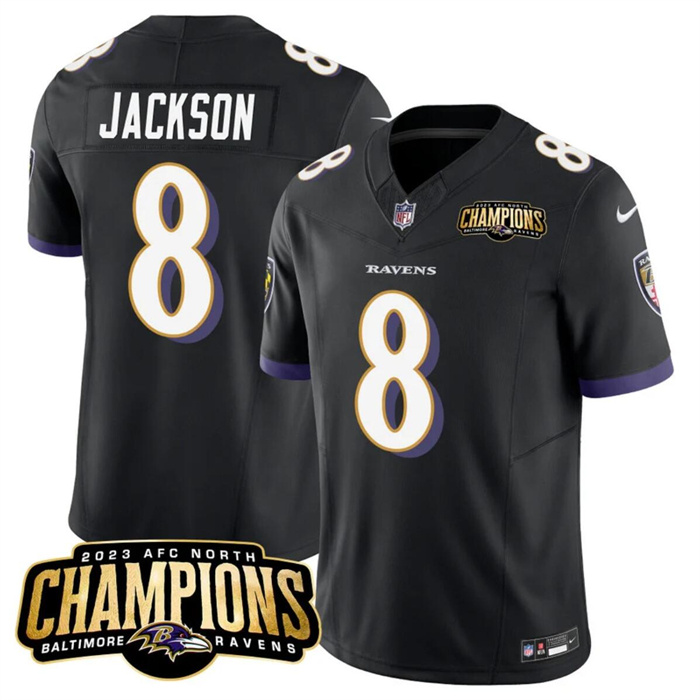Personalized Men’s Baltimore Ravens #8 Lamar Jackson Black 2023 F.U.S.E. AFC North Champions Limited Football Jersey