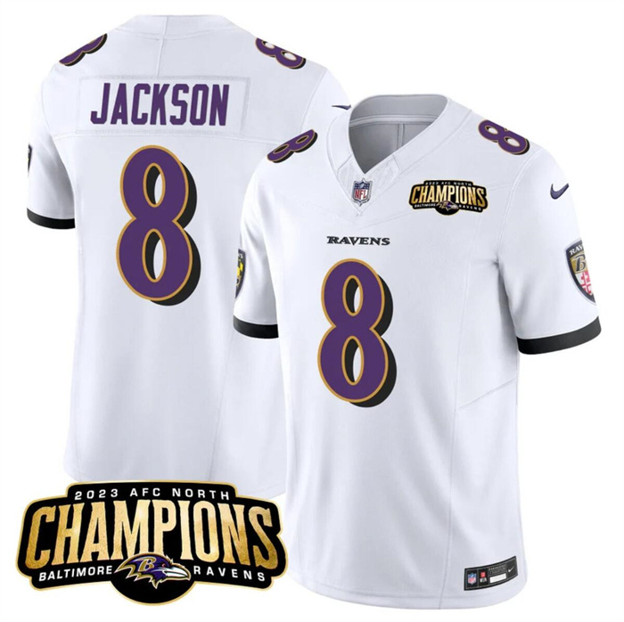 Personalized Men’s Baltimore Ravens #8 Lamar Jackson White 2023 F.U.S.E. AFC North Champions Limited Football Jersey
