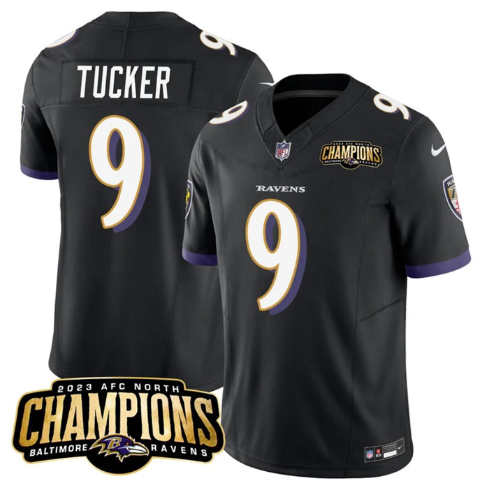 Personalized Men’s Baltimore Ravens #9 Justin Tucker Black 2023 F.U.S.E. AFC North Champions Limited Football Jersey