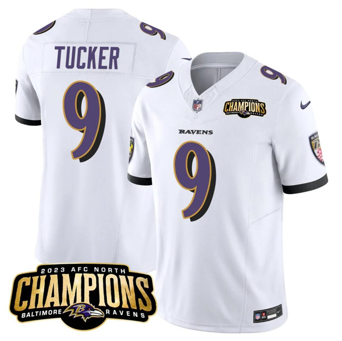 Personalized Men’s Baltimore Ravens #9 Justin Tucker White 2023 F.U.S.E. AFC North Champions Limited Football Jersey