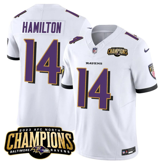 Personalized Men’s Baltimore Ravens #14 Kyle Hamilton White 2023 F.U.S.E. AFC North Champions Limited Football Jersey