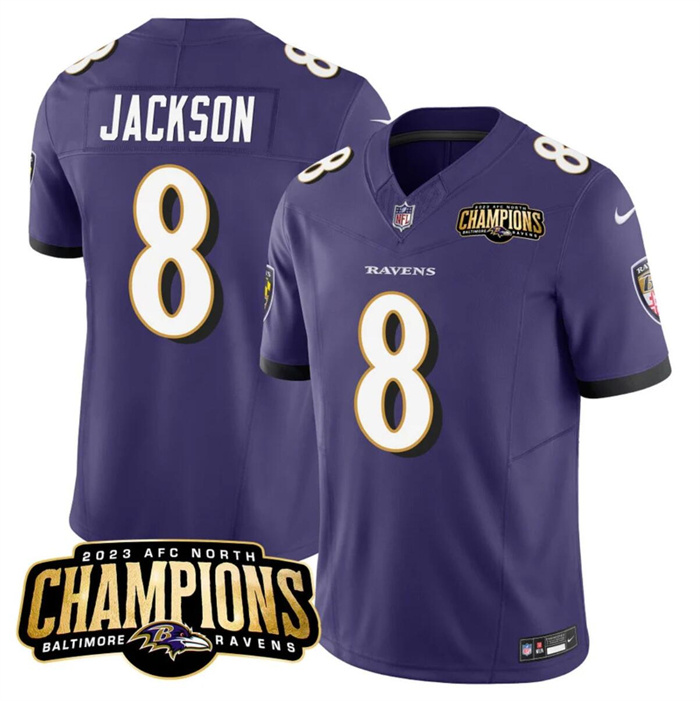 Personalized Men’s Baltimore Ravens #8 Lamar Jackson Purple 2023 F.U.S.E. AFC North Champions Limited Football Jersey