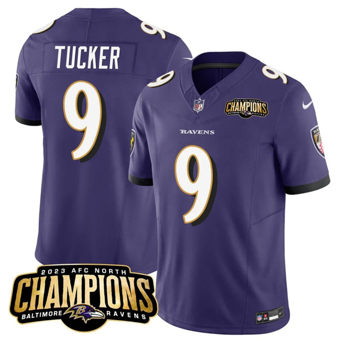 Personalized Men’s Baltimore Ravens #9 Justin Tucker Purple 2023 F.U.S.E. AFC North Champions Limited Football Jersey