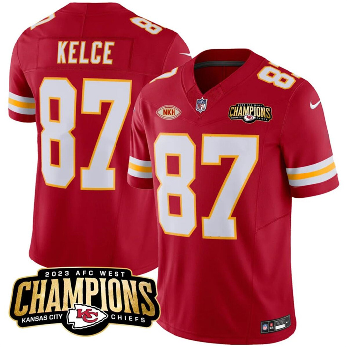 Personalized Men’s Kansas City Chiefs #87 Travis Kelce Red 2023 F.U.S.E. AFC West Champions With NKH Patch Untouchable Limited Stitched Jersey