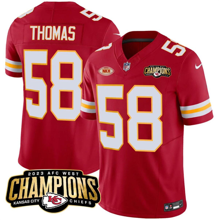 Personalized Men’s Kansas City Chiefs #58 Derrick Thomas Red 2023 F.U.S.E. AFC West Champions With NKH Patch Untouchable Limited Stitched Jersey