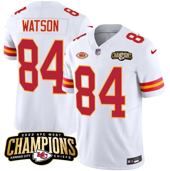 Personalized Men’s Kansas City Chiefs #84 Justin Watson White 2023 F.U.S.E. AFC West Champions With NKH Patch Untouchable Limited Stitched Jersey
