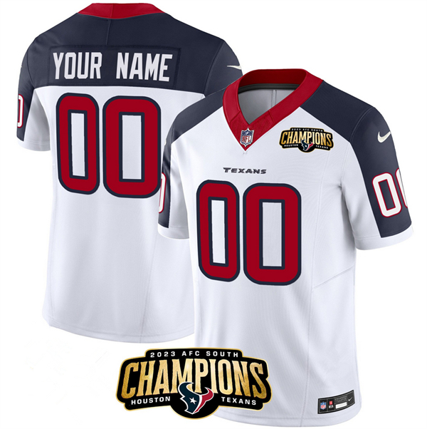 Personalized Men’s Houston Texans Active Player White Navy 2023 F.U.S.E. AFC South Champions Patch Limited Stitched Football Jersey