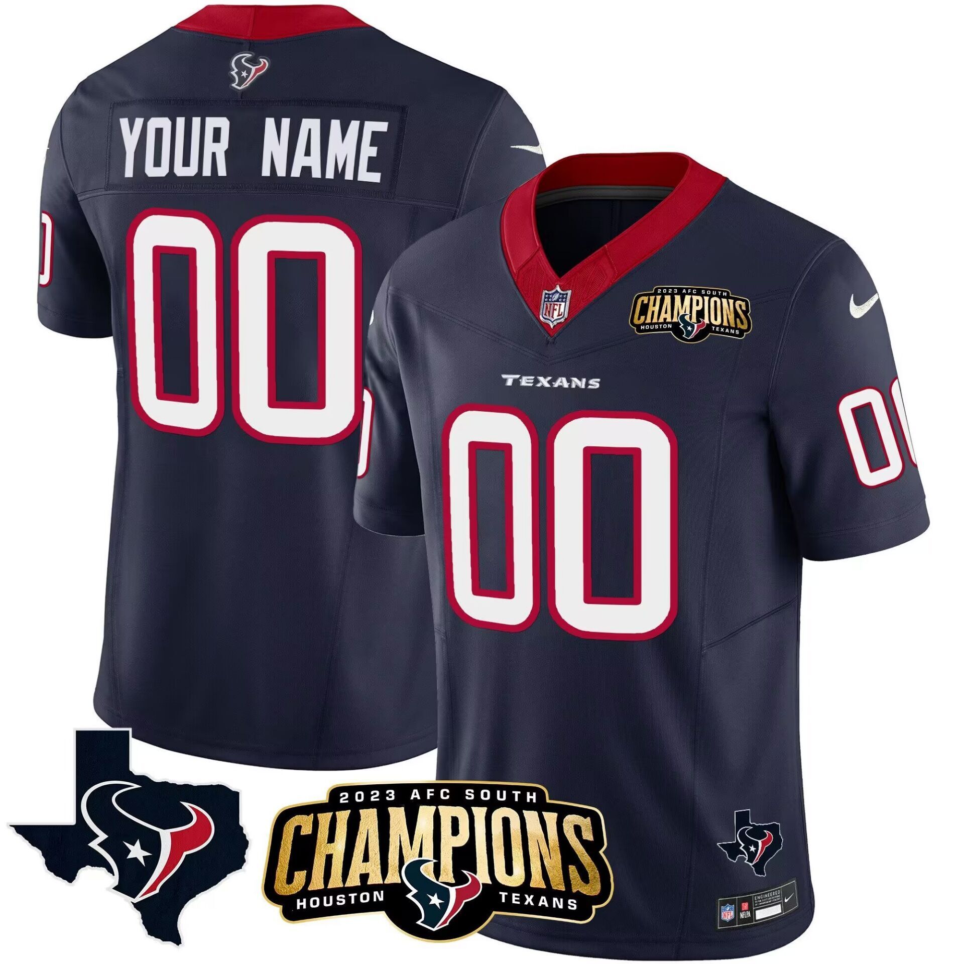 Personalized Men’s Houston Texans Active Player Navy 2023 F.U.S.E. AFC South Champions Patch And Team Logo Patch Limited Stitched Football Jersey