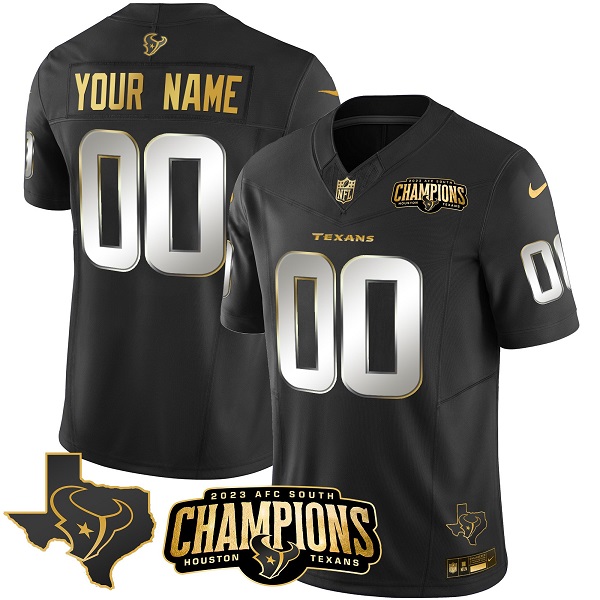 Personalized Men’s Houston Texans Active Player Black Golden 2023 F.U.S.E. AFC South Champions Patch And Team Logo Patch Limited Stitched Football Jersey