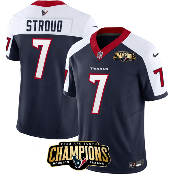 Personalized Men’s Houston Texans #7 C.J. Stroud Navy White 2023 F.U.S.E. AFC South Champions Patch Limited Stitched Football Jersey
