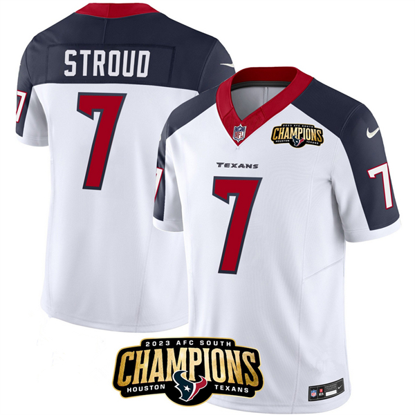 Personalized Men’s Houston Texans #7 C.J. Stroud White Navy 2023 F.U.S.E. AFC South Champions Patch Limited Stitched Football Jersey