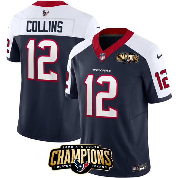 Personalized Men’s Houston Texans #12 Nico Collins Navy White 2023 F.U.S.E. AFC South Champions Patch Limited Stitched Football Jersey