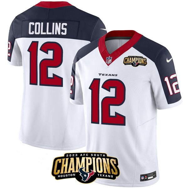 Personalized Men’s Houston Texans #12 Nico Collins White Navy 2023 F.U.S.E. AFC South Champions Patch Limited Stitched Football Jersey