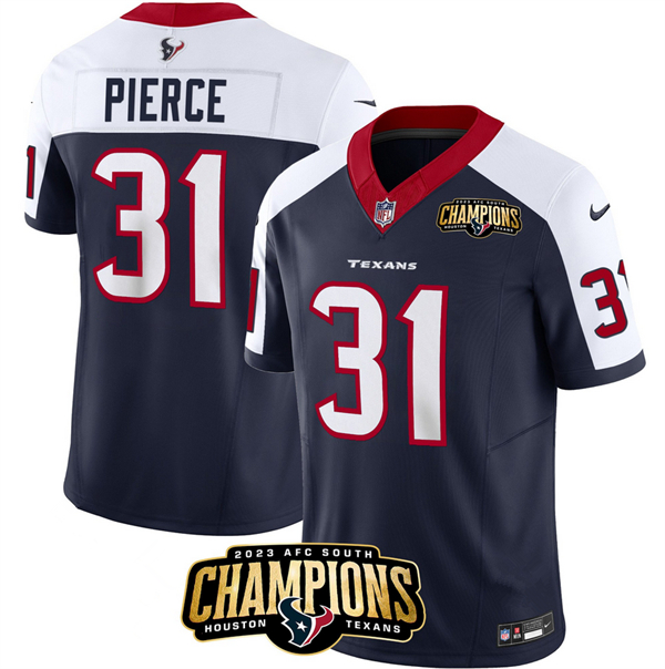 Personalized Men’s Houston Texans #31 Dameon Pierce Navy White 2023 F.U.S.E. AFC South Champions Patch Limited Stitched Football Jersey