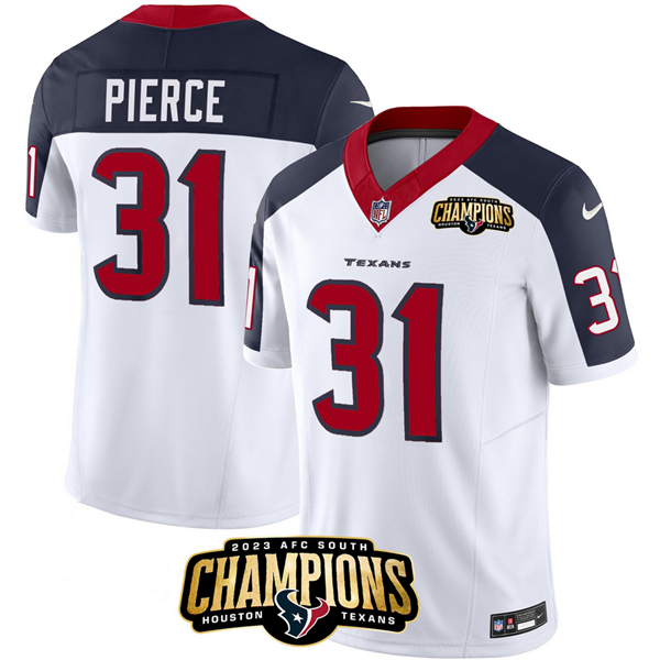 Personalized Men’s Houston Texans #31 Dameon Pierce White Navy 2023 F.U.S.E. AFC South Champions Patch Limited Stitched Football Jersey