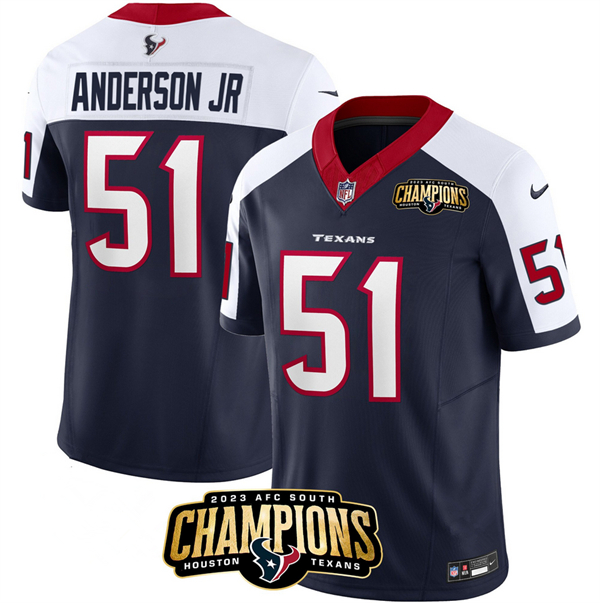 Personalized Men’s Houston Texans #51 Will Anderson Jr. Navy White 2023 F.U.S.E. AFC South Champions Patch Limited Stitched Football Jersey