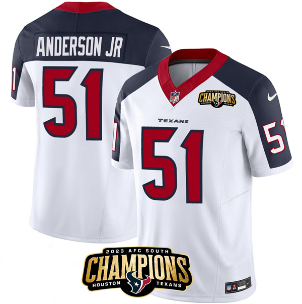 Personalized Men’s Houston Texans #51 Will Anderson Jr. White Navy 2023 F.U.S.E. AFC South Champions Patch Limited Stitched Football Jersey