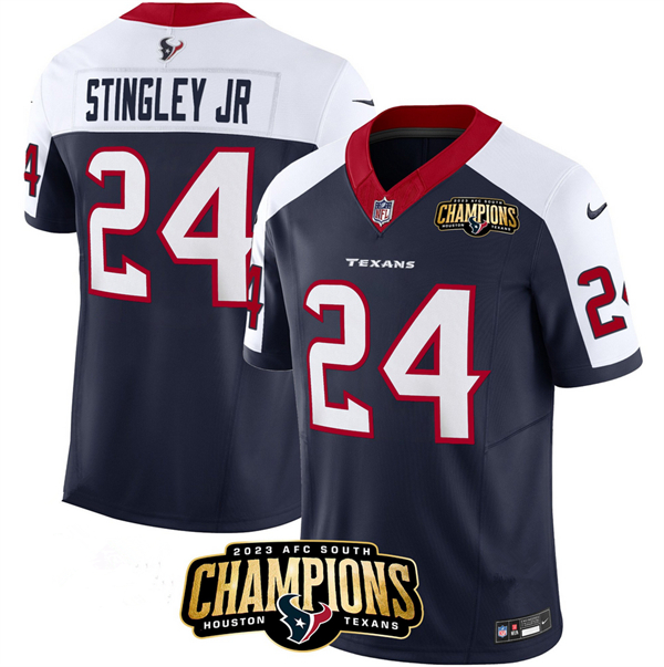 Personalized Men’s Houston Texans #24 Derek Stingley Jr. Navy White 2023 F.U.S.E. AFC South Champions Patch Limited Stitched Football Jersey