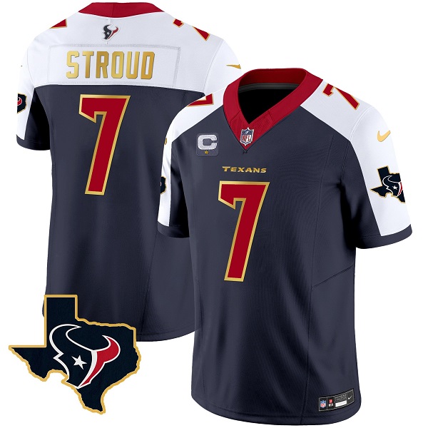 Personalized Men’s Houston Texans #7 C.J. Stroud Navy White 2023 F.U.S.E. With 1-Star C And Team Logo Patch Limited Stitched Football Jersey