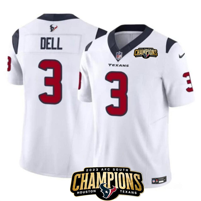 Personalized Men’s Houston Texans #3 Tank Dell White 2023 F.U.S.E. AFC South Champions Patch Untouchable Limited Stitched Football Jersey