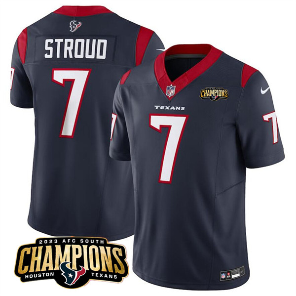 Personalized Men’s Houston Texans #7 C.J. Stroud Navy 2023 F.U.S.E. AFC South Champions Patch Untouchable Limited Stitched Football Jersey