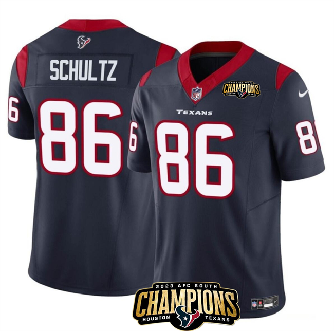 Personalized Men’s Houston Texans #86 Dalton Schultz Navy 2023 F.U.S.E. AFC South Champions Patch Untouchable Limited Stitched Football Jersey