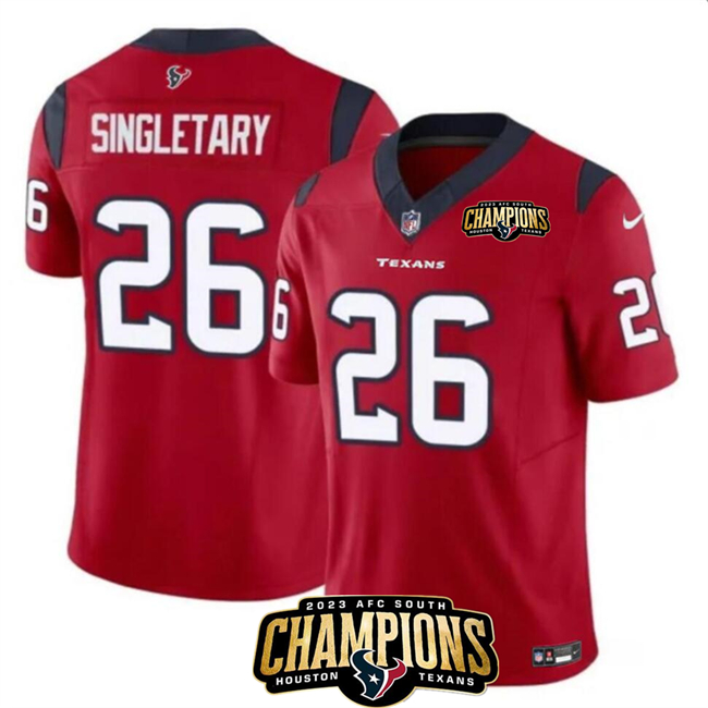 Personalized Men’s Houston Texans #26 Devin Singletary Red 2023 F.U.S.E. AFC South Champions Patch Untouchable Limited Stitched Football Jersey