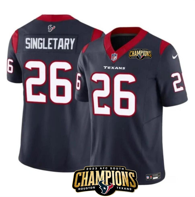 Personalized Men’s Houston Texans #26 Devin Singletary Navy 2023 F.U.S.E. AFC South Champions Patch Untouchable Limited Stitched Football Jersey